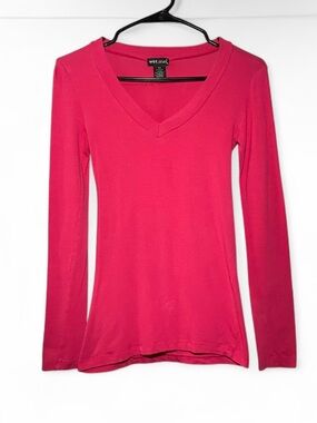 Wet Seal Hot Pink Long Sleeve V-Neck Cotton Spandex Solid Top XS